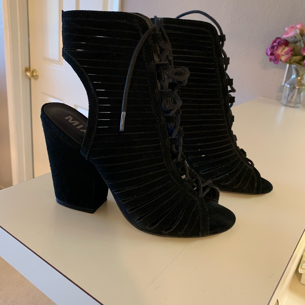 Black suede peep toe heels